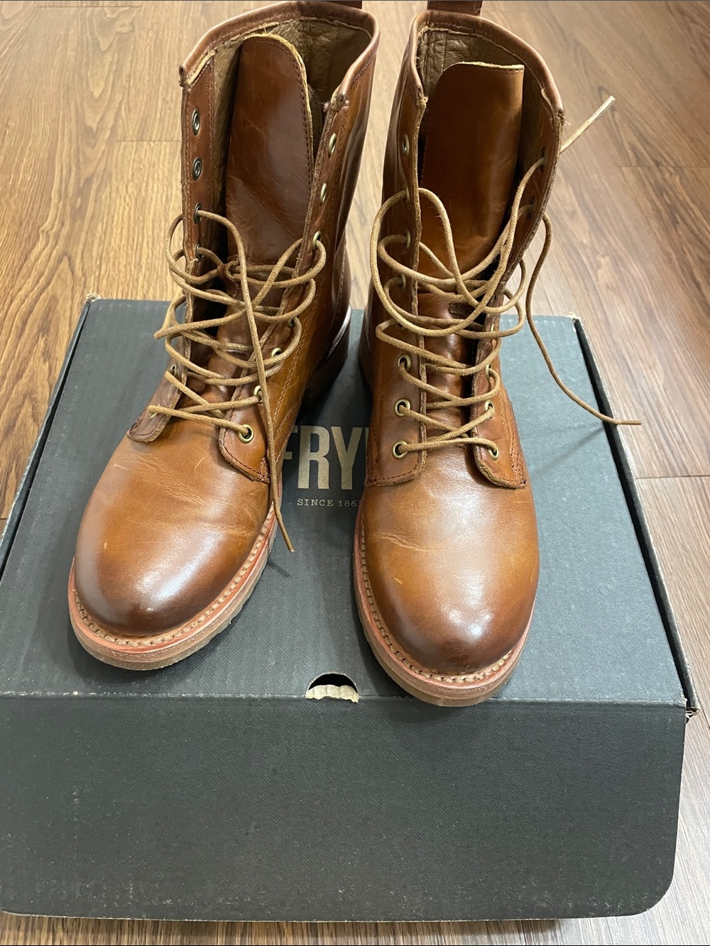 Women Frye Cognac Leather Lace-Up Combat Boots